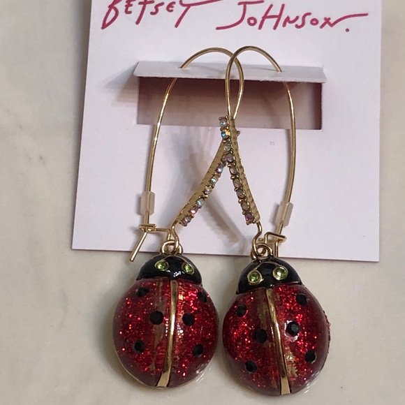 Betsey Johnson Jewelry - Betsey Johnson Red Glitter Resin Ladybug Drop Earrings Crystal Accents NWT